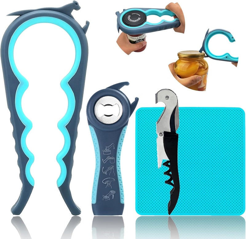 Otstar 6-in-1 Jar Opener & Bottle Opener Set for Weak Hands - Multi-Function Kitchen Opener Tool for Seniors with Arthritis, Elderly - Includes Jar Lid Gripper Pad, Corkscrew Opener - Image 1